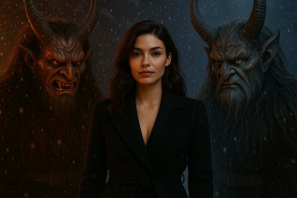 Frau zwischen Krampus- und Perchtenmasken in dramatischer Winteratmosphäre.