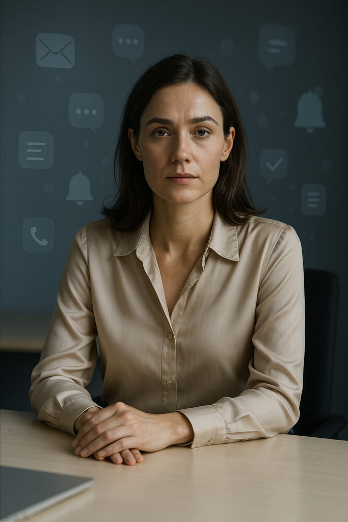 Digitaler Stress durch Benachrichtigungen – moderne Frau im KI-Alltag