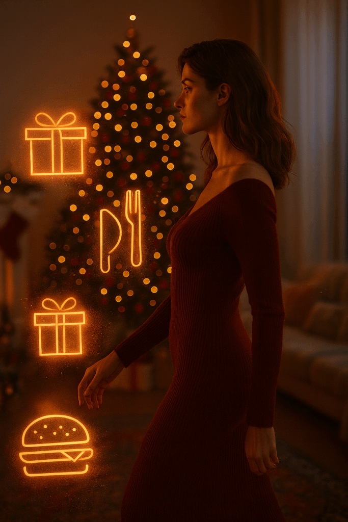 Holografische Kategorien (Geschenke, Essen, Deko etc.) schweben um eine sexy-elegante Protagonistin.