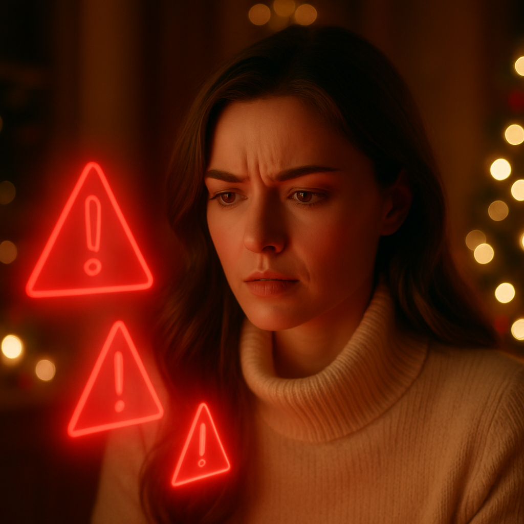 Eine Frau prüft konzentriert fehlerhafte Kategorien oder Warnhinweise – ernst, aber schön inszeniert.