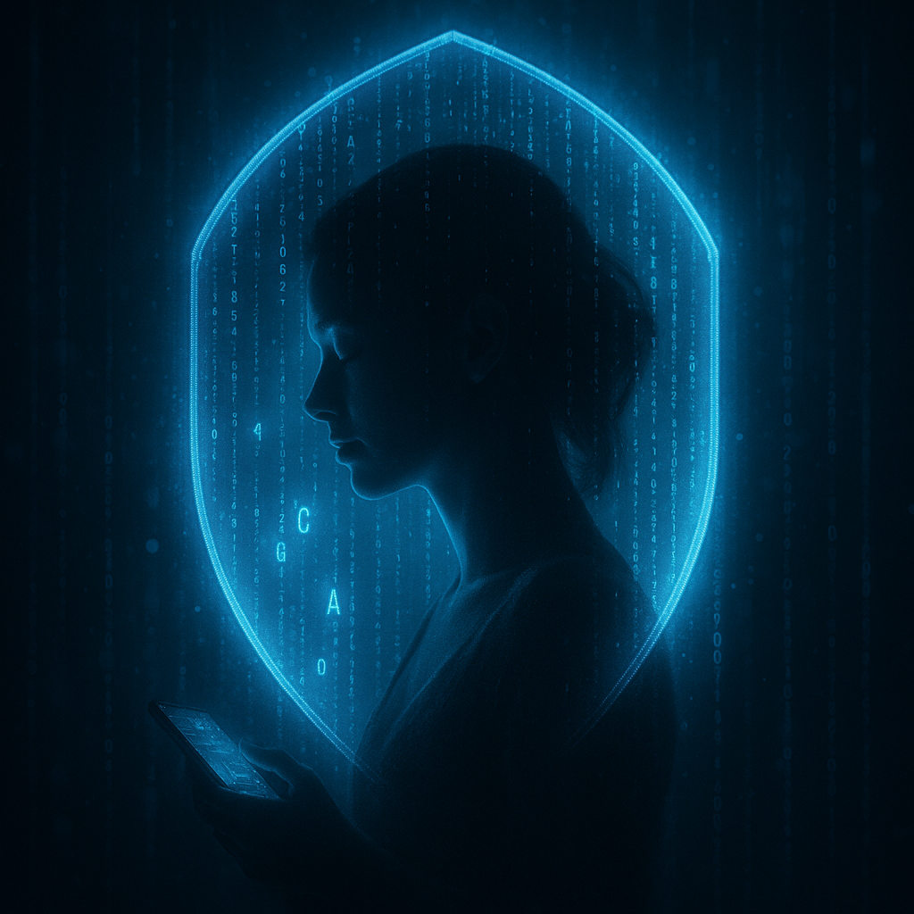 Frau in schützendem blauen Datenlicht, mit digitalem Schild oder Schutzkuppel.