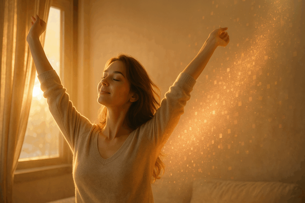 Frau im Morgenlicht, entspannt, schwebende Geschenksymbole lösen sich auf – Frieden nach der hektischen Zeit.