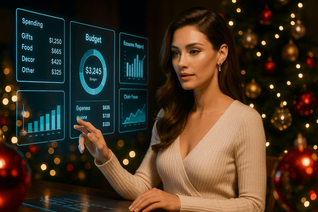 Eine Frau interagiert mit einer Mischung aus App-Interfaces und AI-unterstützten Tabellen – futuristisch und glamourös.