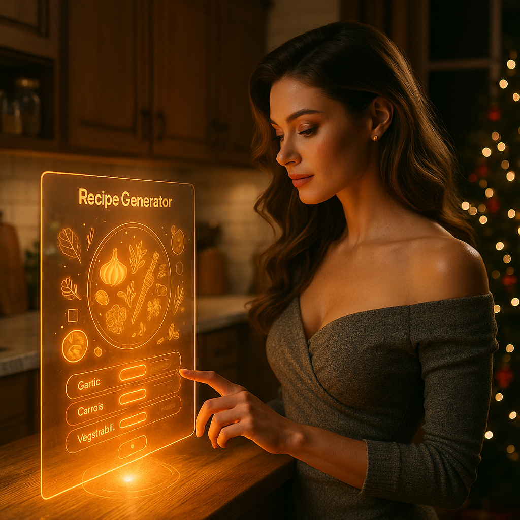 Einkaufsentscheidungen visualisiert als holografische Alternativen – Preisalarme, Rezepte, Geschenke – während die Frau selbstbewusst wählt.