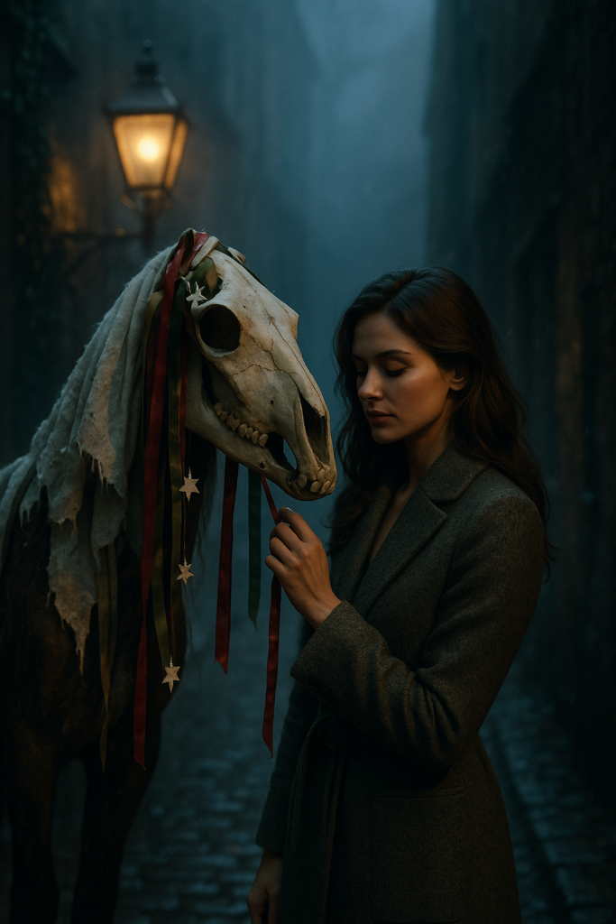 Frau begegnet der Mari Lwyd, einem skelettierten Pferdewesen aus Wales.