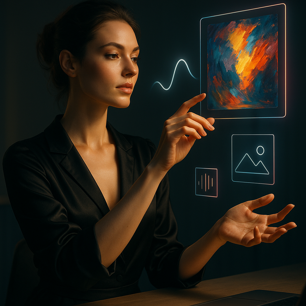 Frau steht in futuristischem Studio mit holografischen kreativen Elementen.