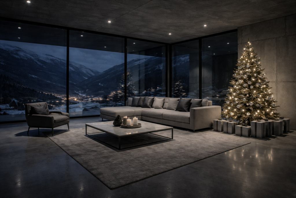 Kalter Luxus-Wohnraum mit modernem Weihnachtsbaum in Designer-Villa