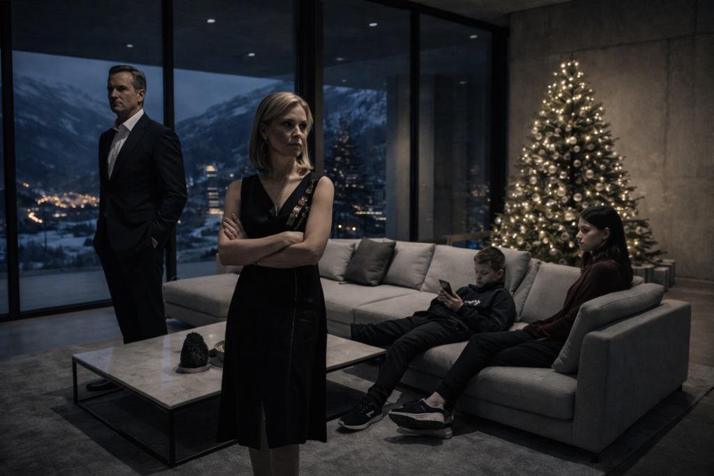 Reiche Familie emotional distanziert in moderner Villa an Weihnachten