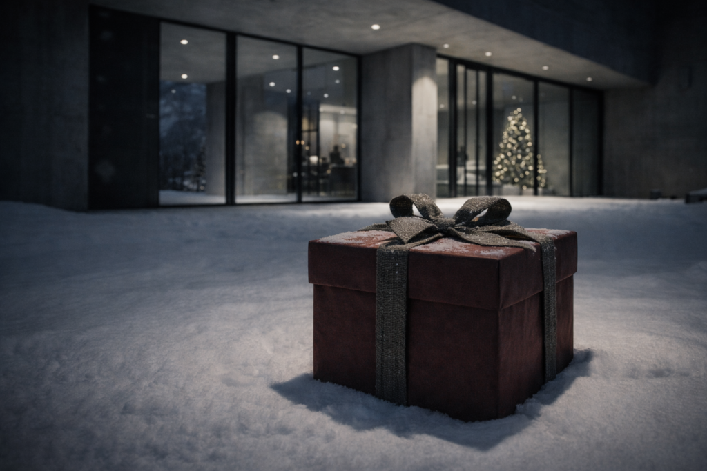 Rotes Geschenkpaket ohne Fußspuren vor moderner Luxusvilla im Schnee