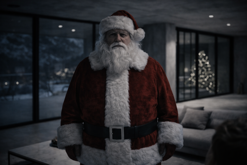 Unheimlicher Weihnachtsmann steht ruhig in moderner Luxusvilla