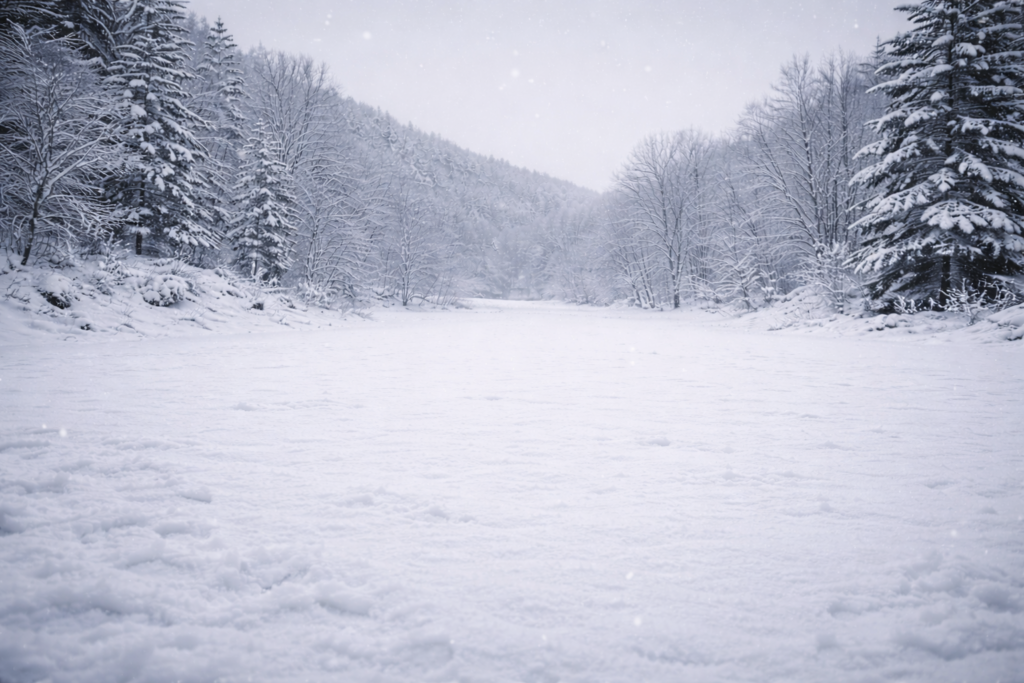 Verschneite leere Landschaft als Symbol für Verlust und endgültiges Ende