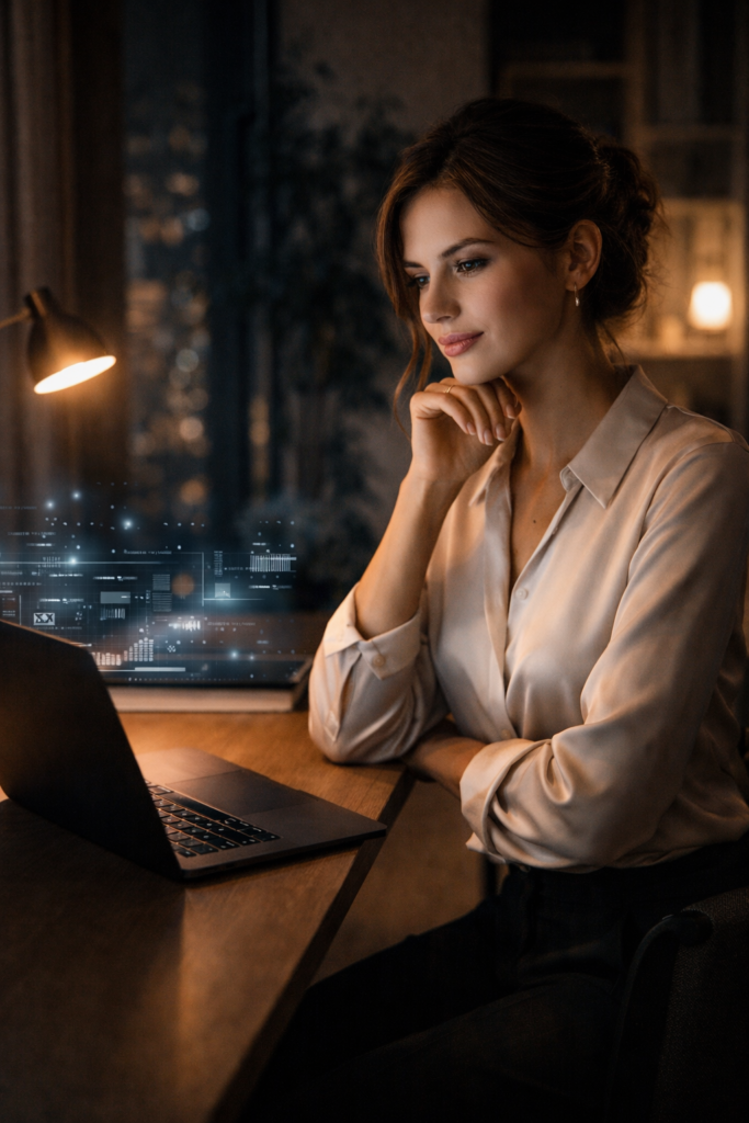 KI Prognosen erklärt – Frau arbeitet mit KI am Laptop