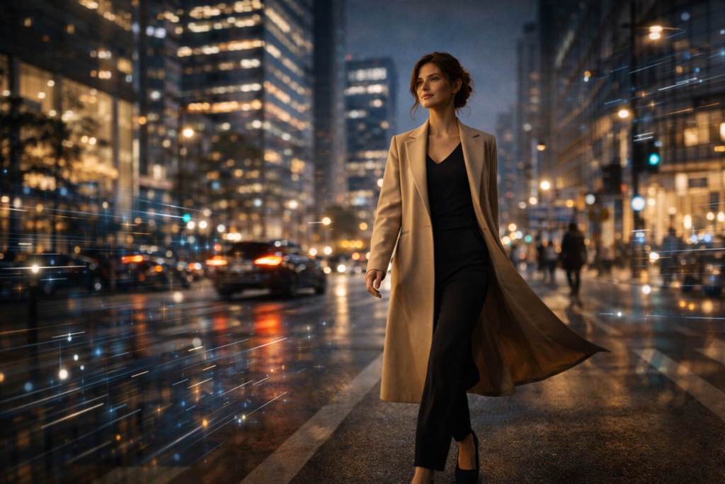 KI Prognosen Alltag 2026 – moderne Frau in smarter Stadt