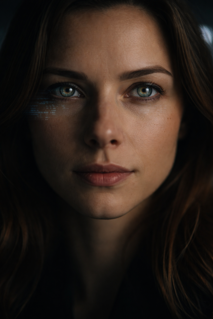 Digitale Unsterblichkeit symbolisiert durch Datenreflexionen im Gesicht