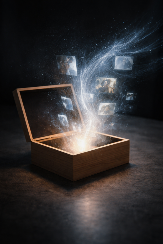 Digitales Erbe als leuchtende Daten in einer geöffneten Box