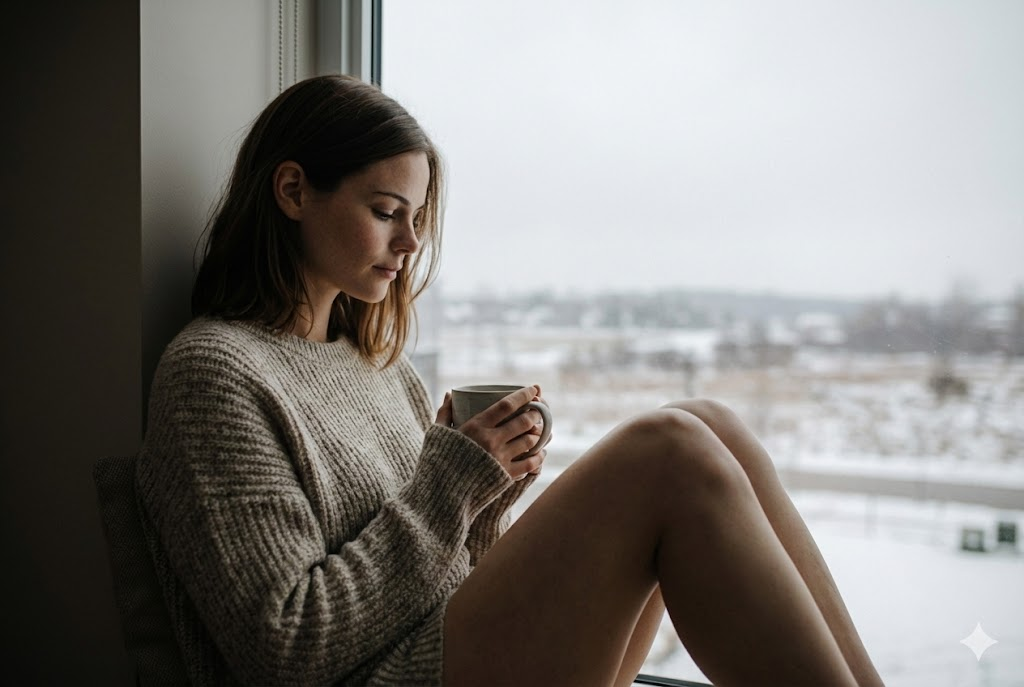 Wintermüdigkeit und Ernährung – Frau sitzt nachdenklich am Fenster