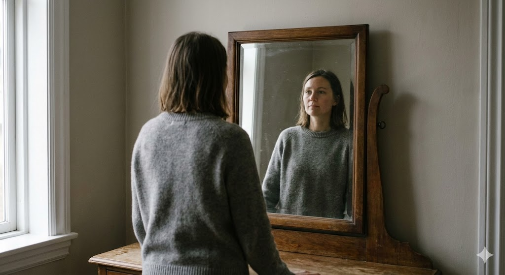 Selbstversuch KI Ernährung – reflektierende Frau im Spiegel