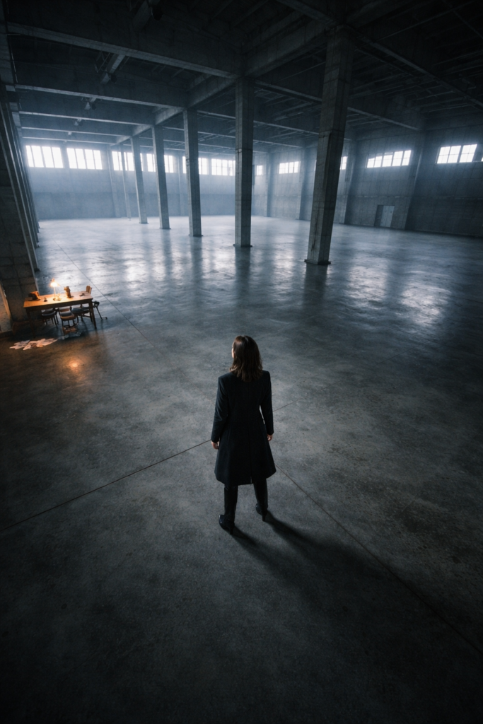 Frau steht in riesiger Halle, altes kleines Büro wirkt verloren im Raum