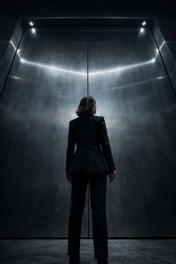 Frau vor riesigen futuristischen Toren aus Metall, Lichtlinien im Hintergrund