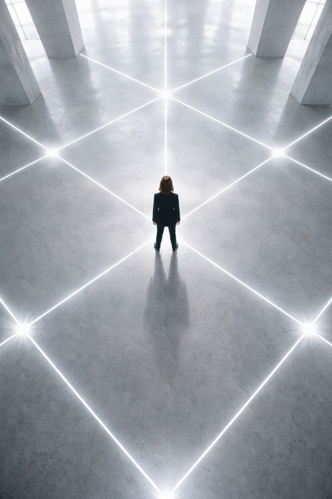 Frau steht im Zentrum geometrischer Lichtlinien am Boden