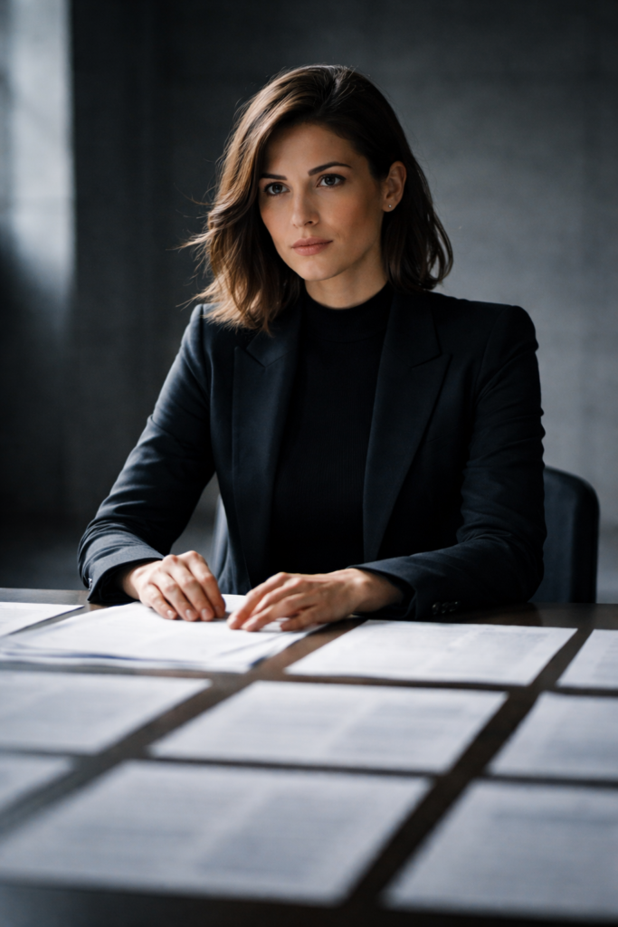 Konzentrierte Frau an Tisch mit ordentlich strukturierten Dokumenten