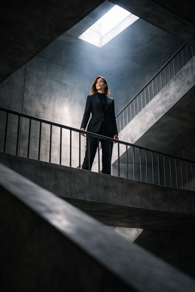 Frau steht in architektonischer Betontreppe mit starkem Licht von oben