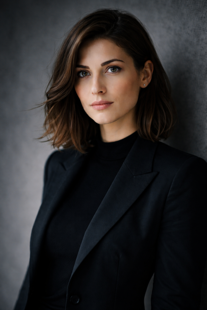 Frau mit direktem Blick in Kamera vor neutralem Hintergrund