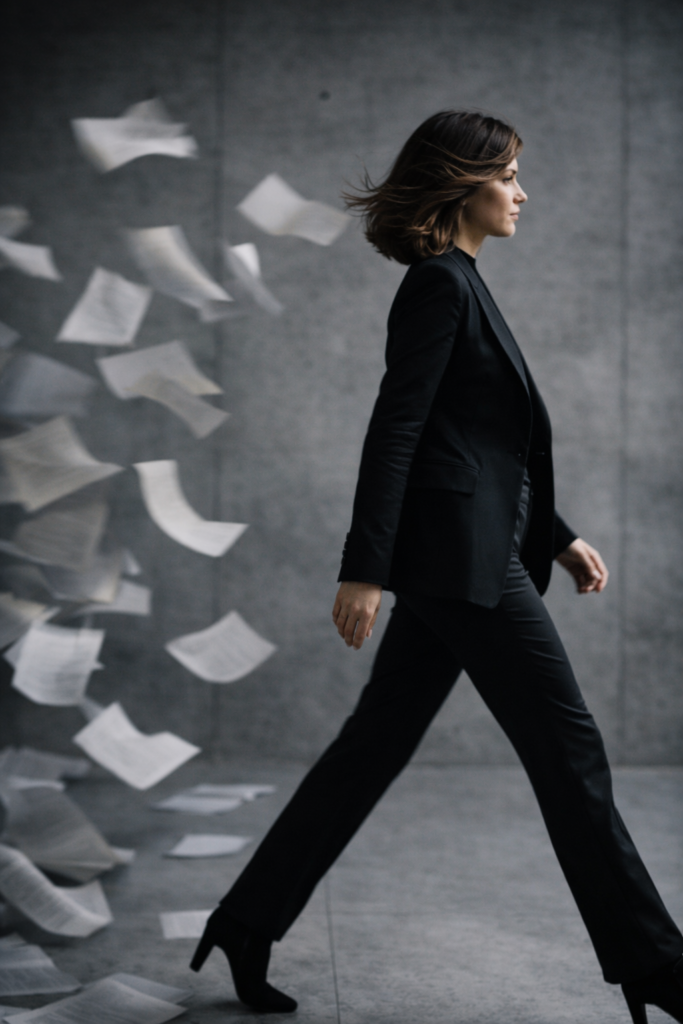 Frau geht nach vorn, Papierblätter fallen hinter ihr zu Boden