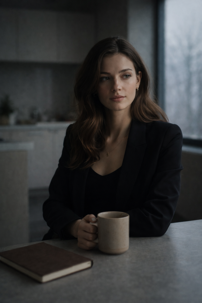 Frau sitzt nachdenklich am Tisch – Finanzen nach Weihnachten, Januar Kassensturz.