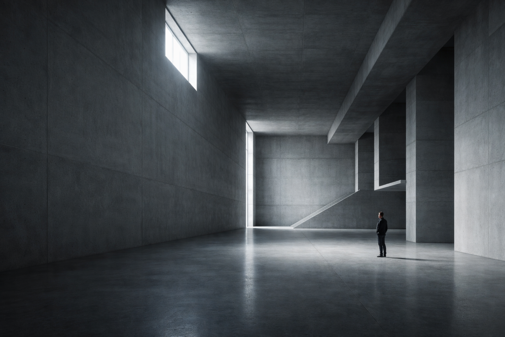 Allein stehende Person in einem großen, minimalistischen Betonraum mit brutalistischer Architektur und einfallendem Tageslicht.
