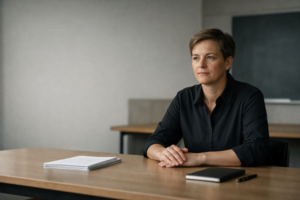 Lehrkraft sitzt ruhig an einem Tisch in einem modernen Klassenzimmer und strahlt Kompetenz, Verantwortung und Vertrauen aus.